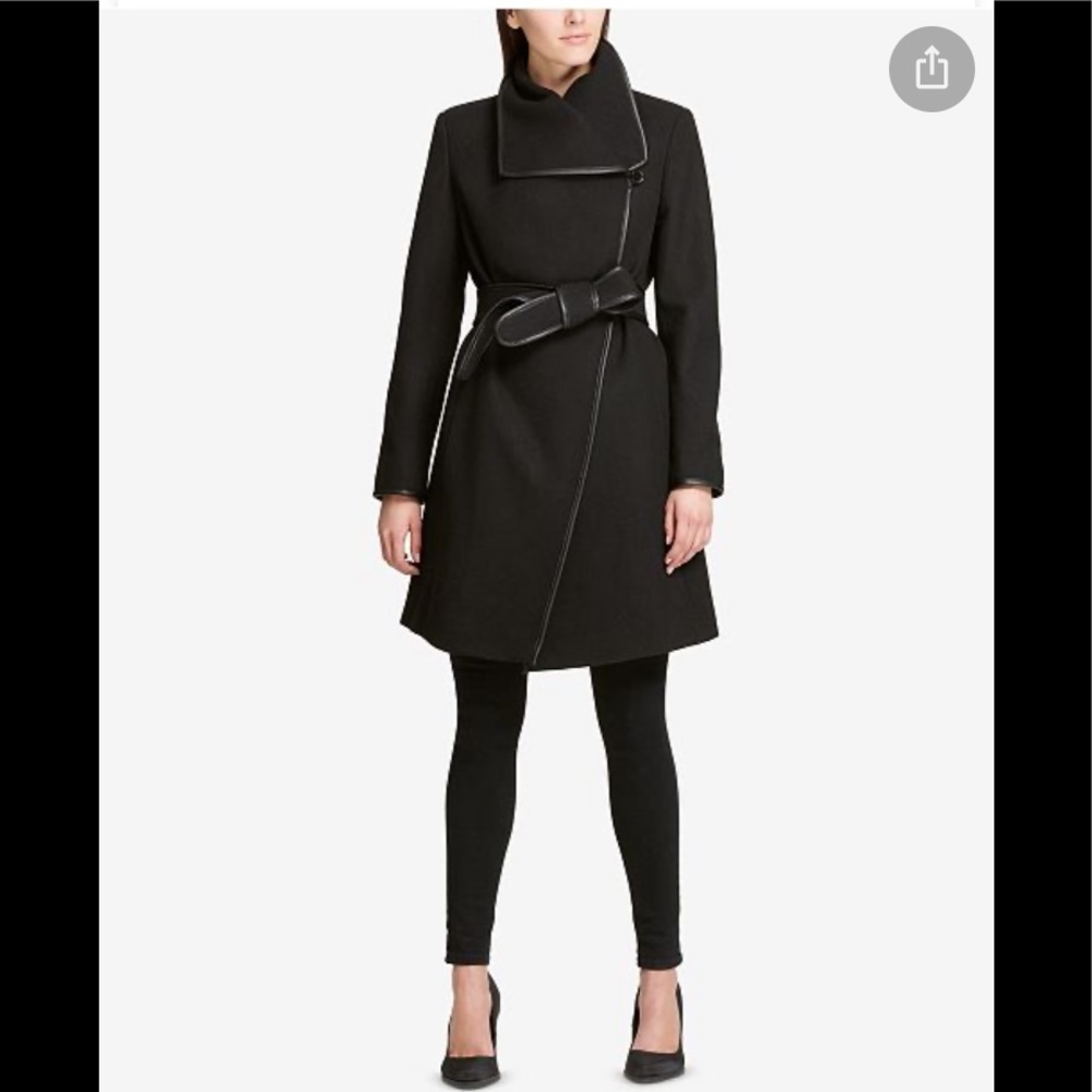 DKNY Petite Faux-Leather-Trim Wrap Coat,black,NWT - Picture 3 of 17